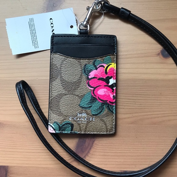 Coach Id Lanyard In Signature Canvas With Vintage Rose Print